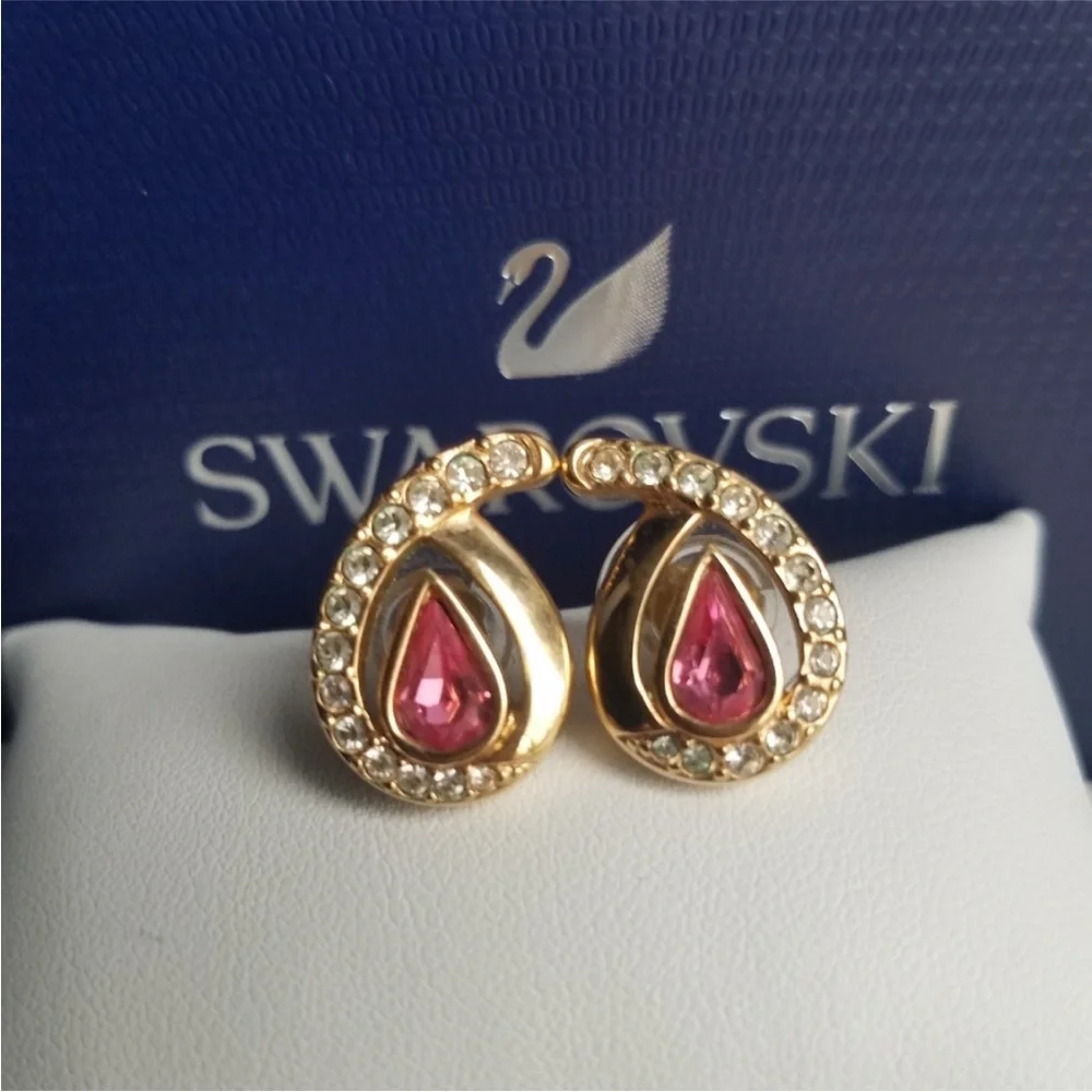 AUTHENTIC Swarovski 24k Gold Plated Pink Teardrop Earrings Vintage RARE